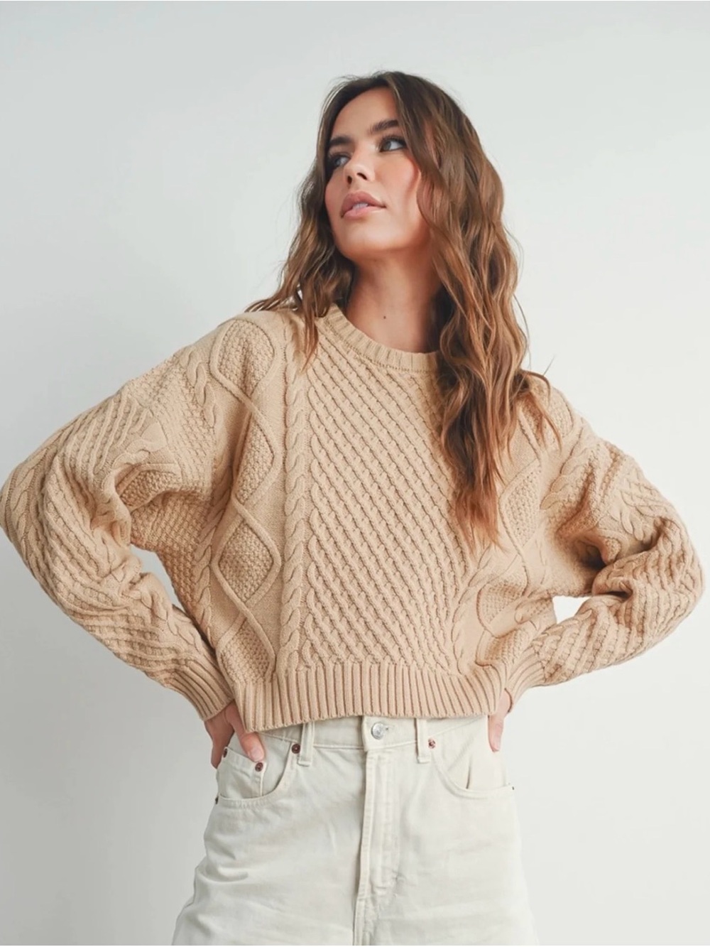 Buttermelon NEW Tan Oversized Chunky Cable Knit Cropped Sweater Womens Large